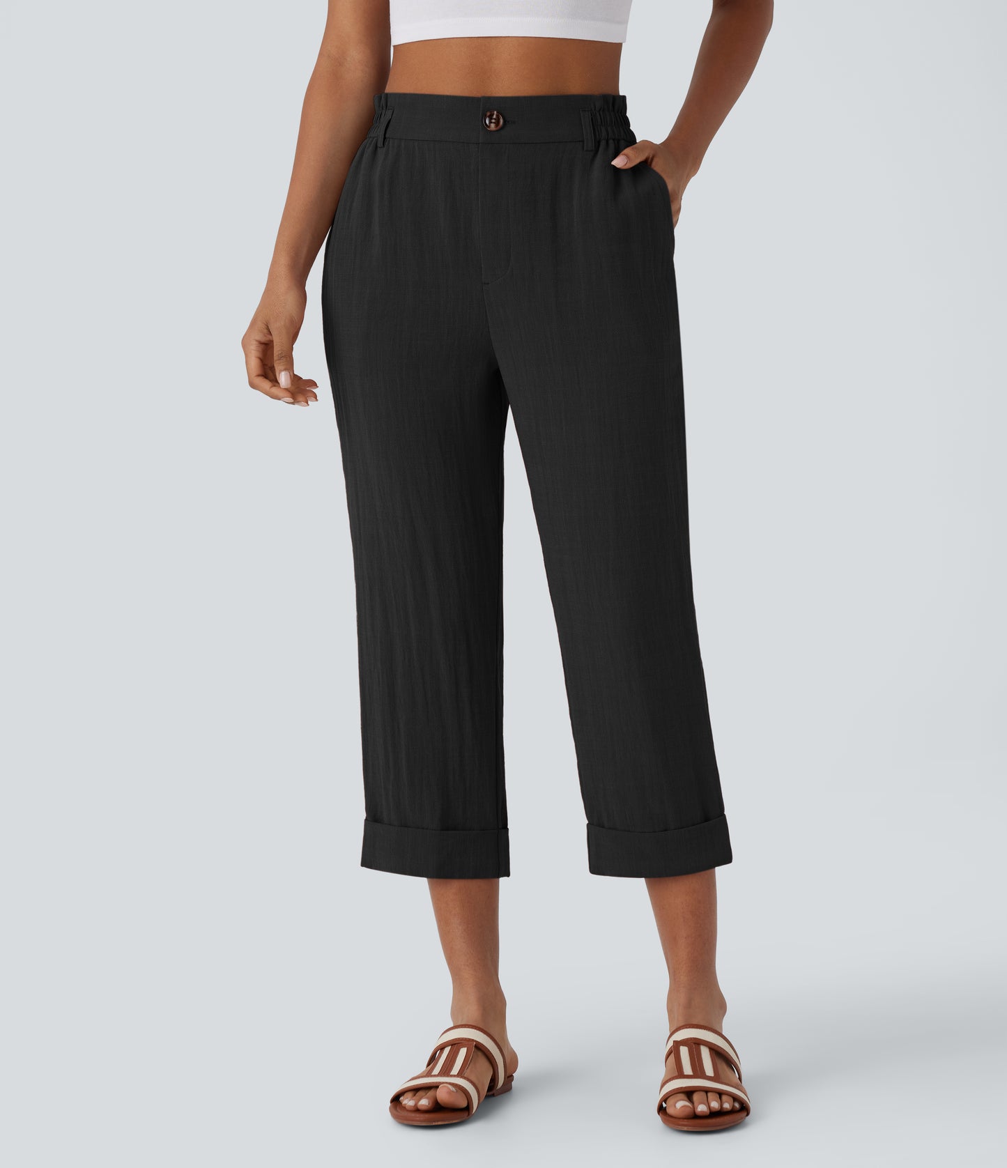 High Waisted Button Zipper Side Pocket Capri Resort Linen-Feel Pants