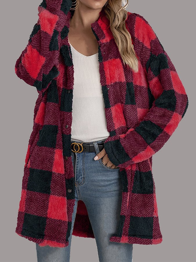 Loose Mid-Length Lapel Plaid Plush Jacket