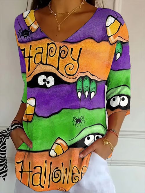 Women'S Retro Halloween Peek Monster Print Shirt