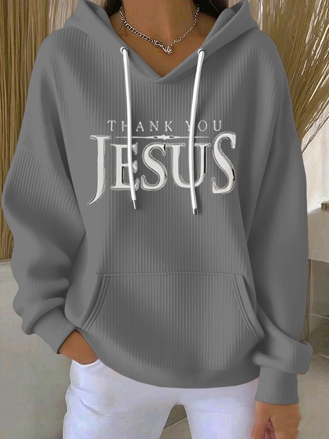 Women's Vintage Faith Thank You Jesus Printed Casual Ribbed Hoodie