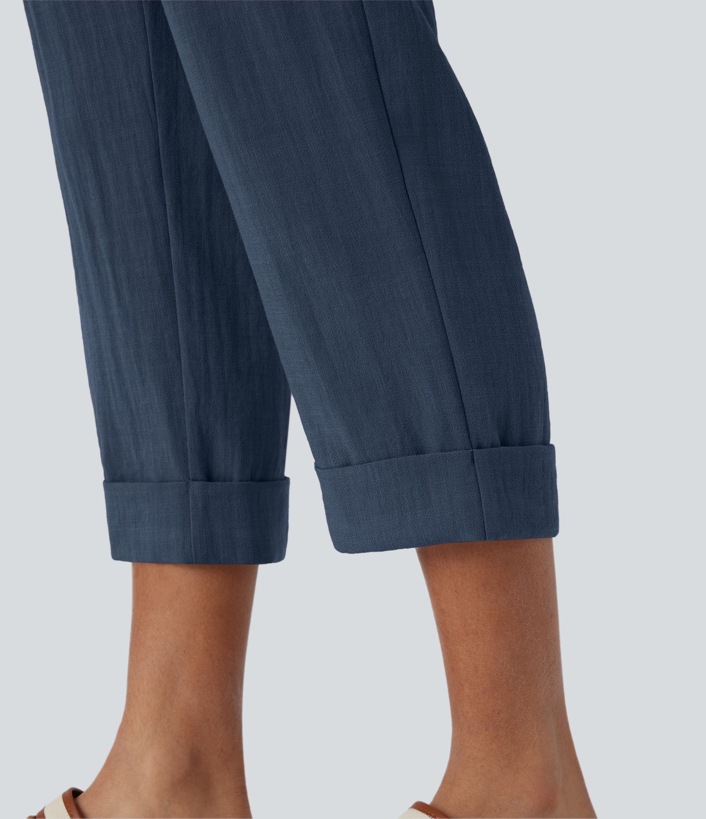 High Waisted Button Zipper Side Pocket Capri Resort Linen-Feel Pants