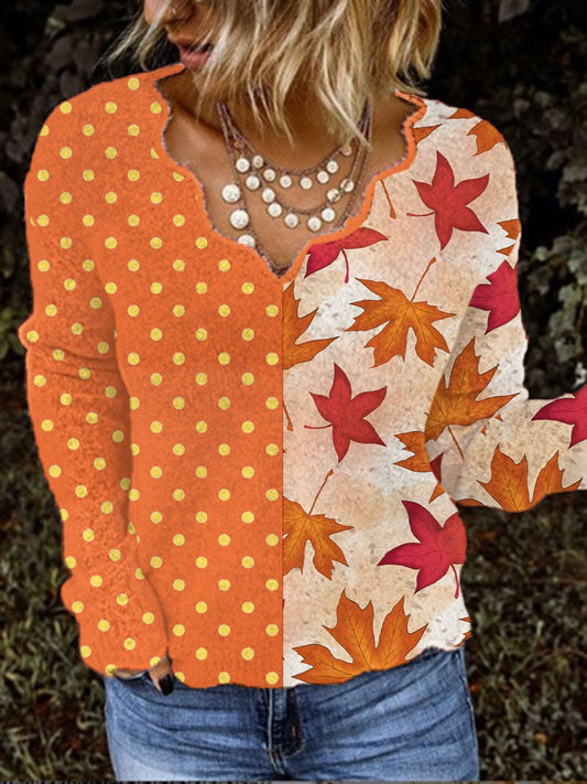 Women's Autumn Maple Leaf Nuclear Polka Dot Print V-Neck Top