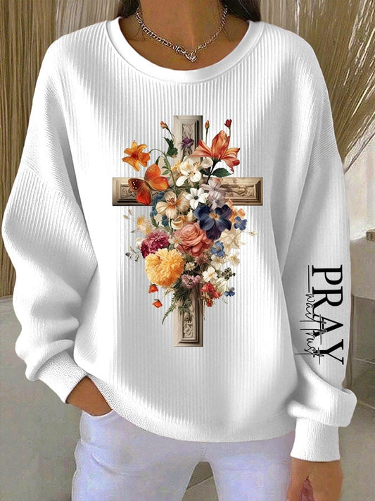 Women's Faith Cross Pray Wait Trust Printed Crew Neck Long Sleeve Top
