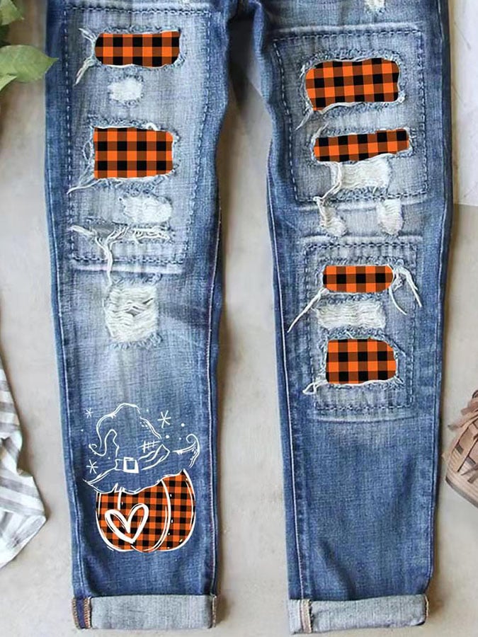 Casual Pumpkin Print Loose Straight Jeans