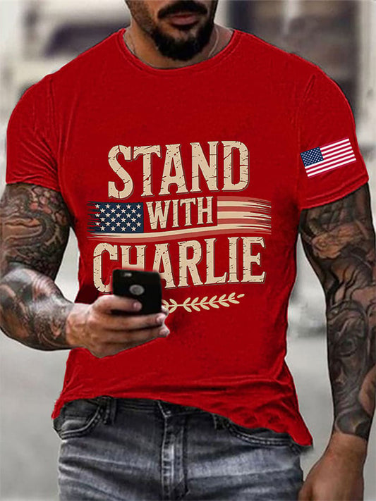 Men's Stand With Charlie Kirk  Print Round Neck T-Shirt