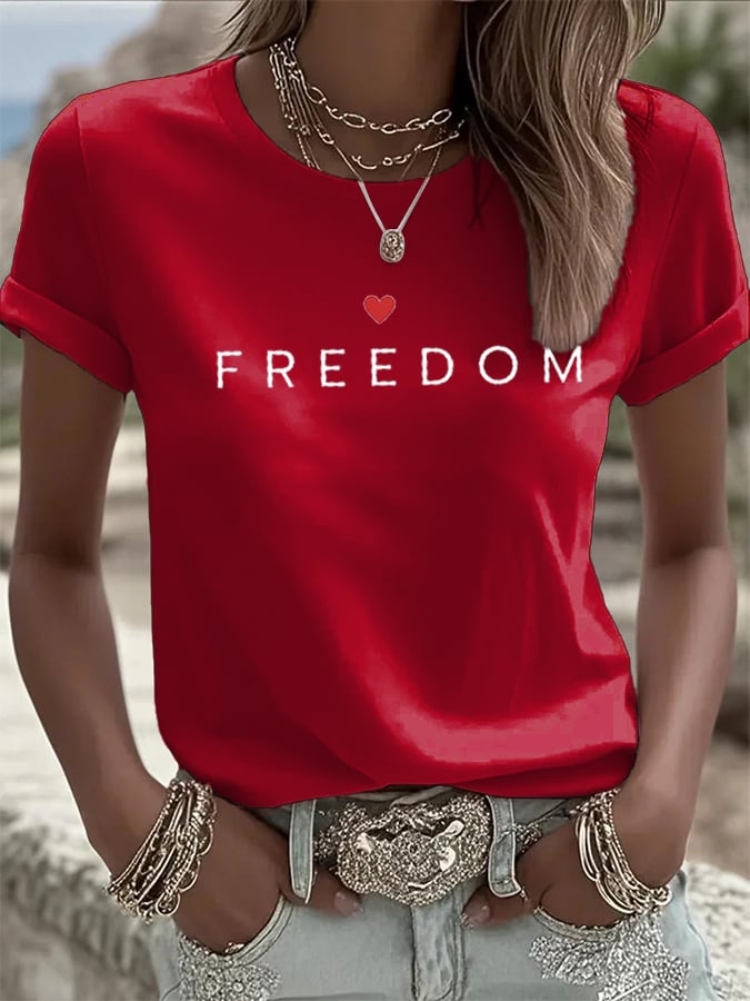 Women's Freedom American Flag Print Casual T-shirt