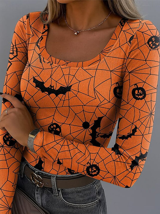 Women's Halloween Design Retro Fashion Classic Long-Sleeved Square Neck Pit Strip Fabric Long-Sleeved T-Shirt