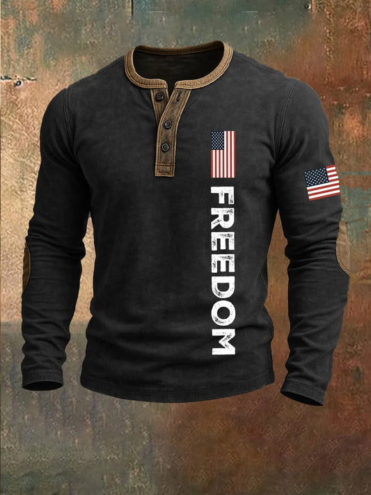 Men's Freedom American Flag Print Casual Henley Collar Shirt