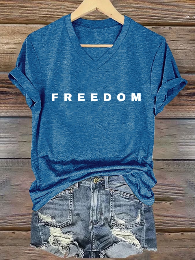 Women's Freedom Print V Neck T-shirt