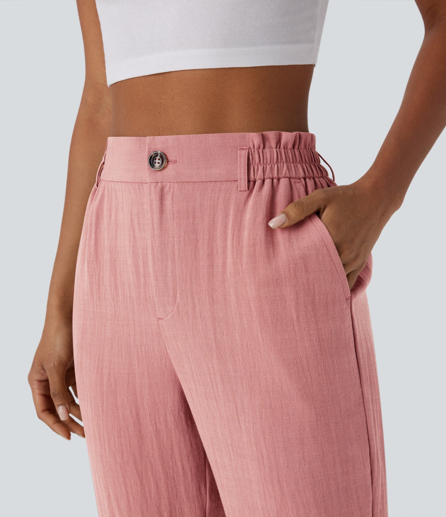 High Waisted Button Zipper Side Pocket Capri Resort Linen-Feel Pants