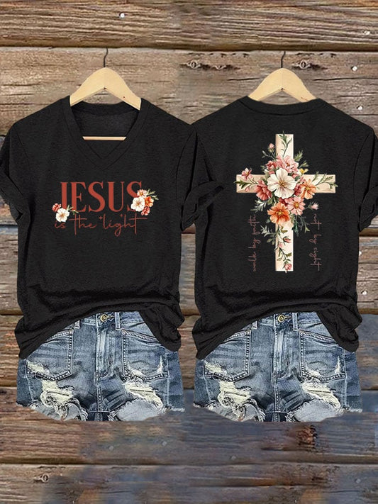Women's Faith Floral Cross JESUS IN THE LIGHT Printed V-Neck T-Shirt