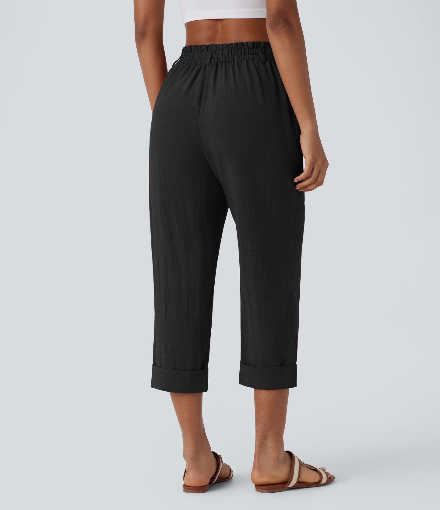 High Waisted Button Zipper Side Pocket Capri Resort Linen-Feel Pants