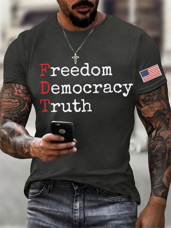 Men's Freedom Democracy Truth Print Round Neck T-Shirt