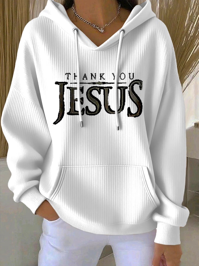 Women's Vintage Faith Thank You Jesus Printed Casual Ribbed Hoodie