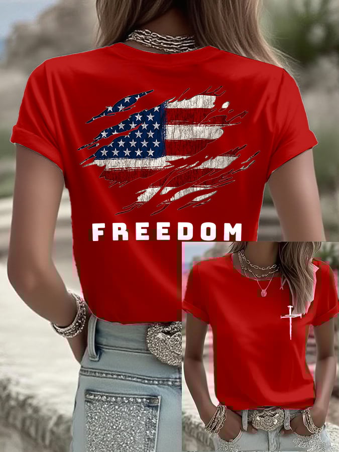 Women's Freedom American Flag Printed Casual T-Shirt