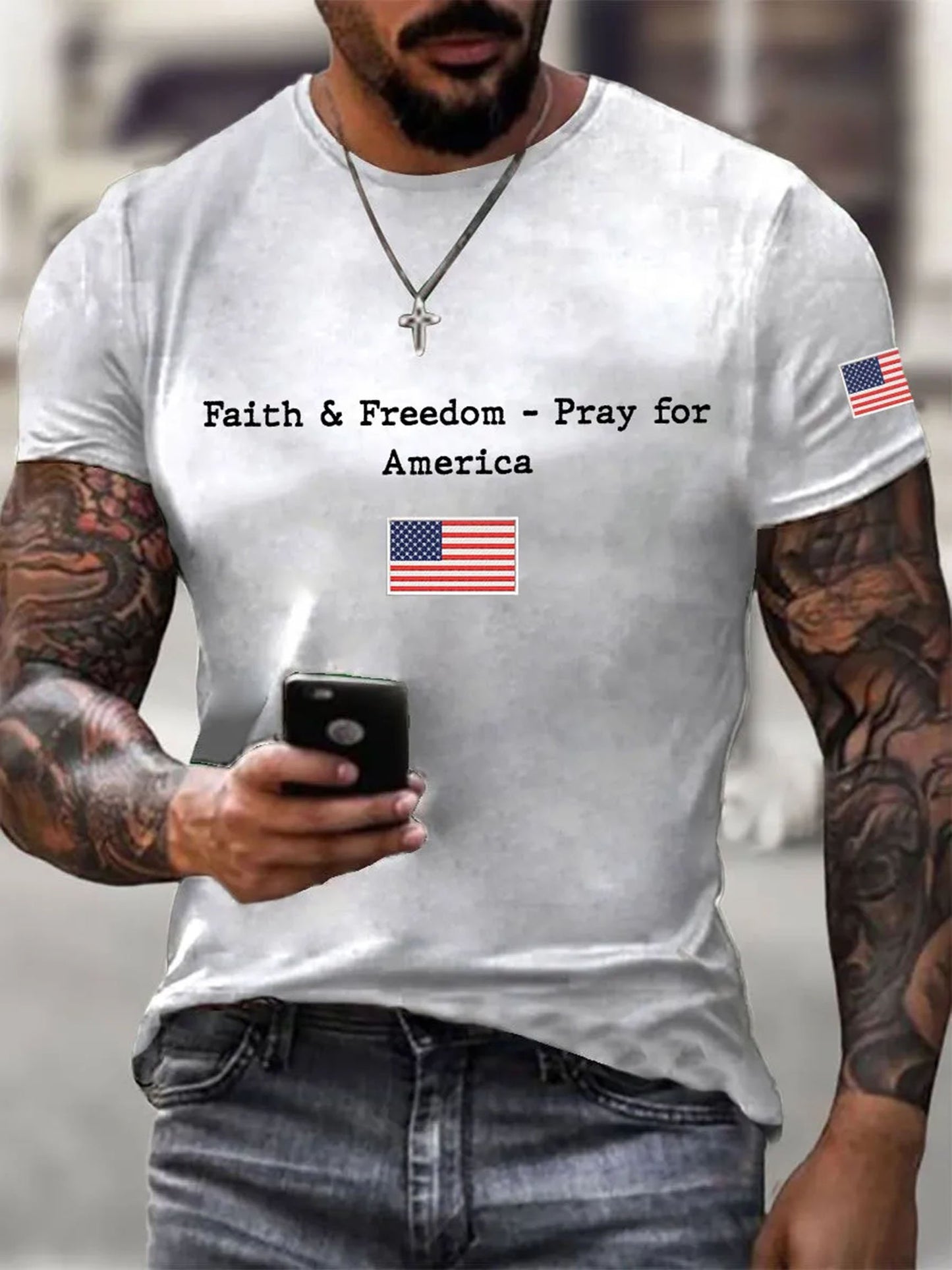 Men's Faith And Freedom Pray For America Printed Round Neck T-Shirt