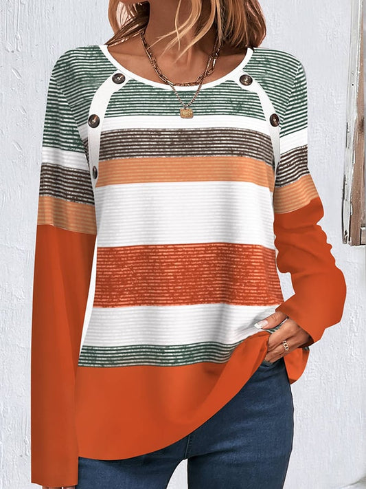 Halloween Round Neck Button Down Striped Printed T-Shirt