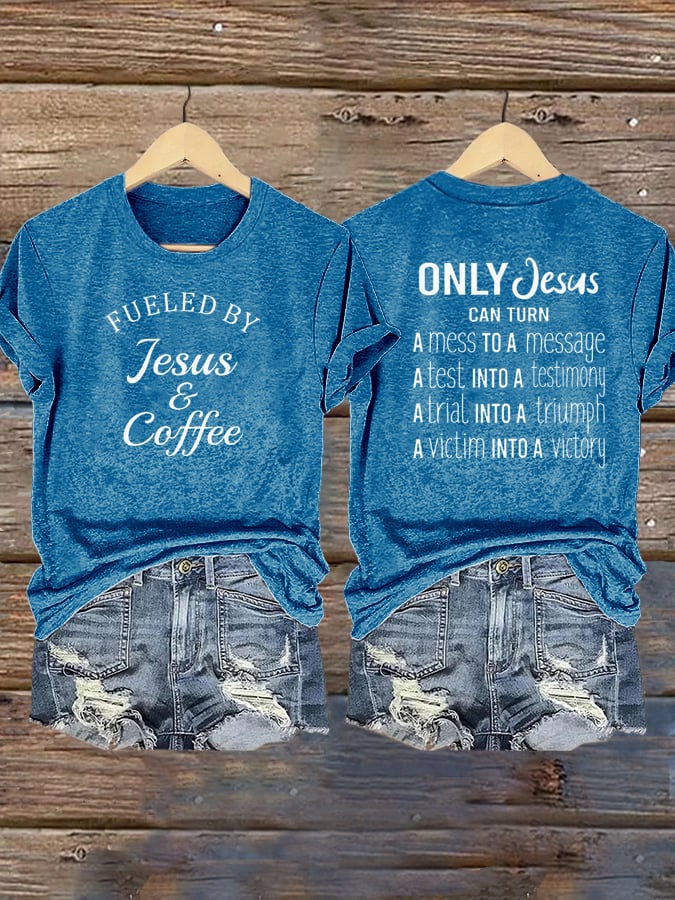 Women's Faith Consciousness God Jesus Coffee Cross V Neck Printed T-shirt Top
