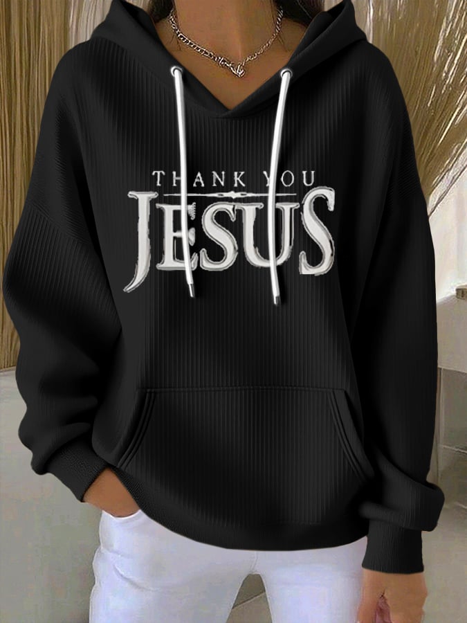 Women's Vintage Faith Thank You Jesus Printed Casual Ribbed Hoodie