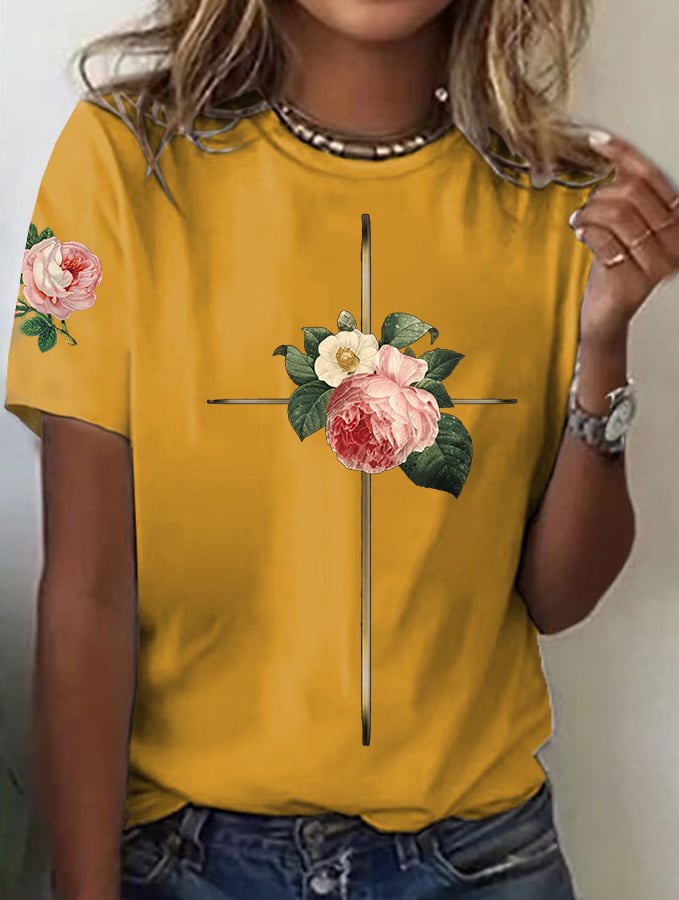 Women's Vintage Floral Metal Cross Print Short Sleeve T-Shirt