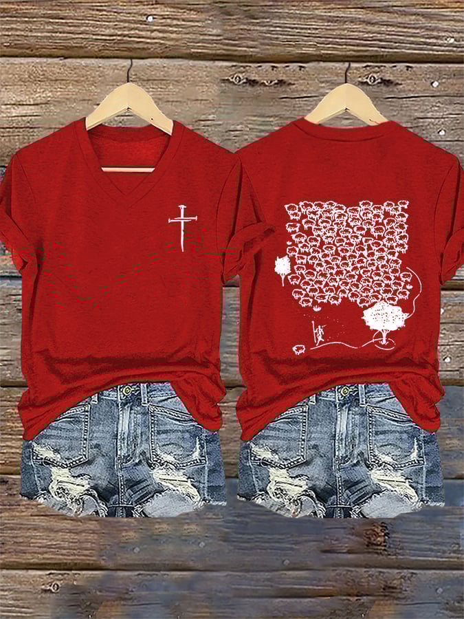 Women's Faith He Left The 99 To Rescue Me printed V-neck T-shirt