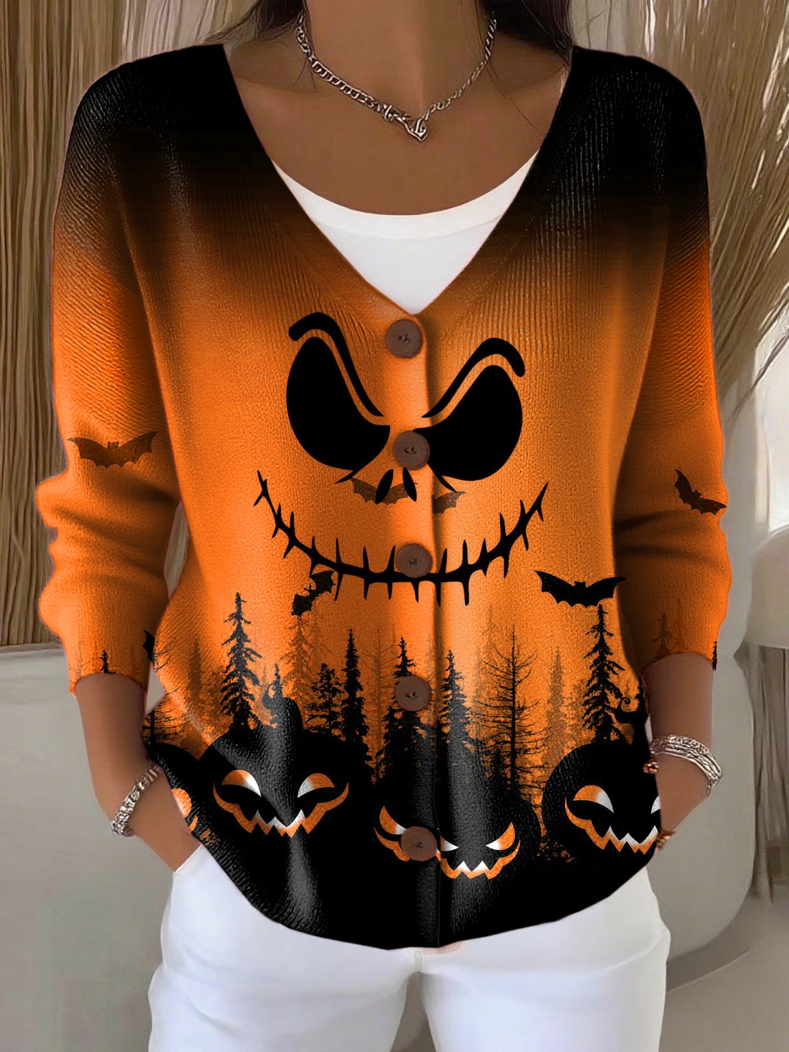 Women's Casual Retro Halloween Print Cardigan