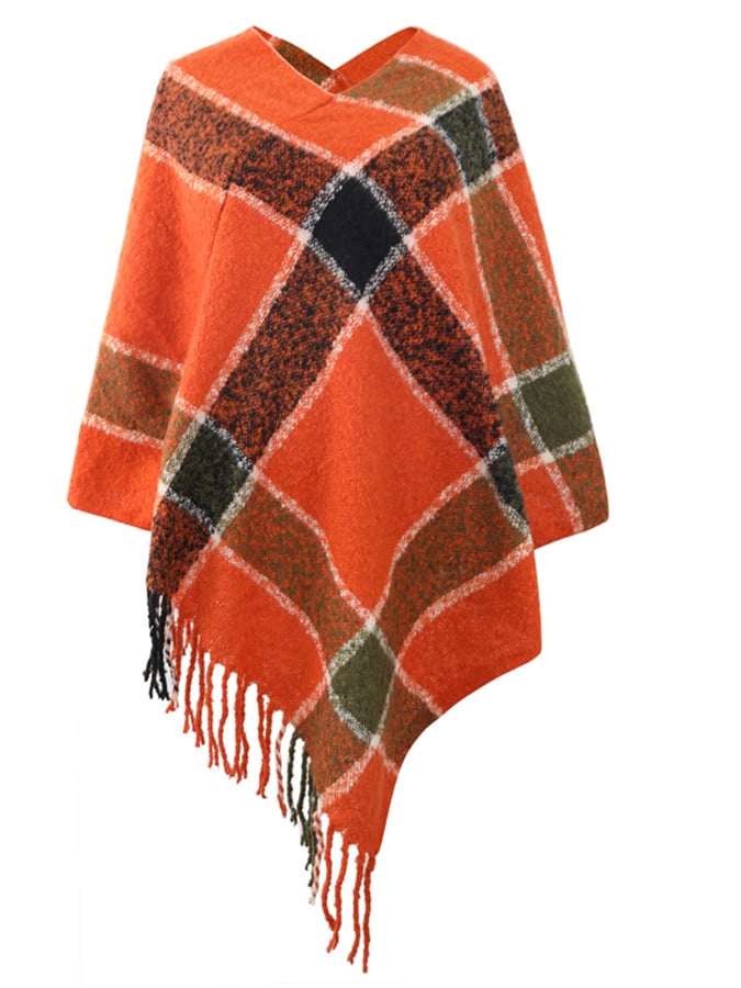 Women's Fall Winter Lazy Stylish Plaid Tassel Faux Cashmere Shawl