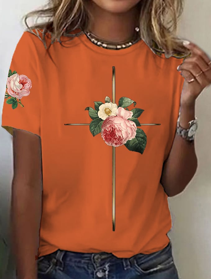 Women's Vintage Floral Metal Cross Print Short Sleeve T-Shirt