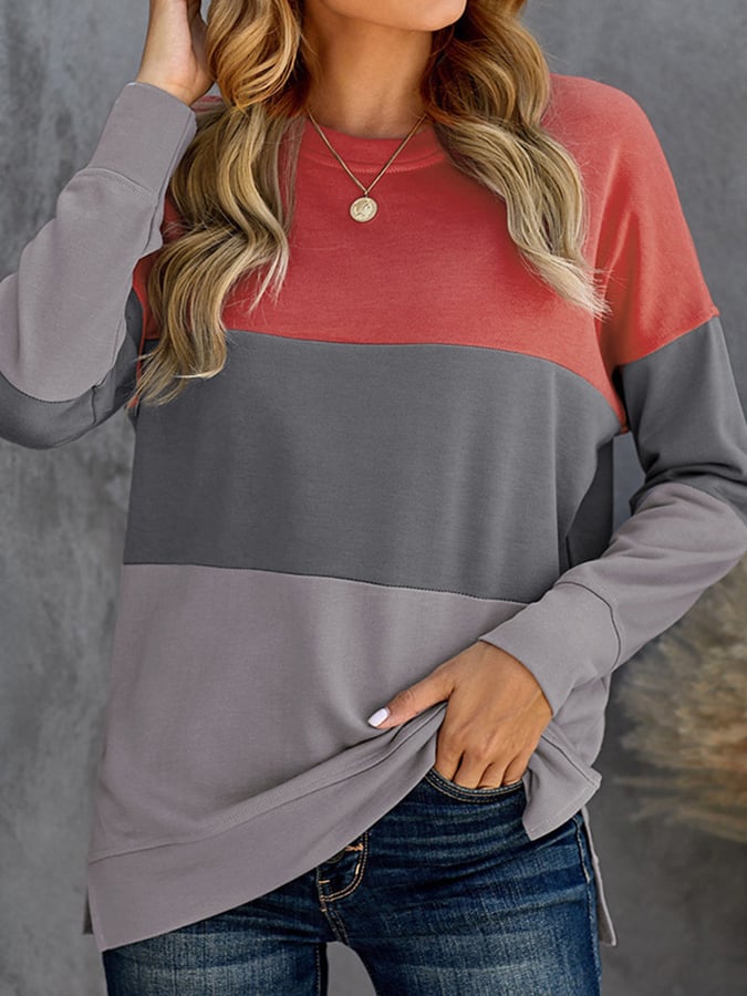Fashion Color Contrast Splicing Loose Long-Sleeved Sweater