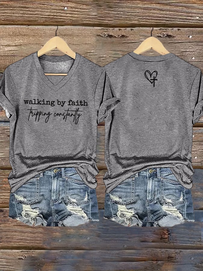 Women's Walking By Faith Tripping Constantly  Print T-Shirt