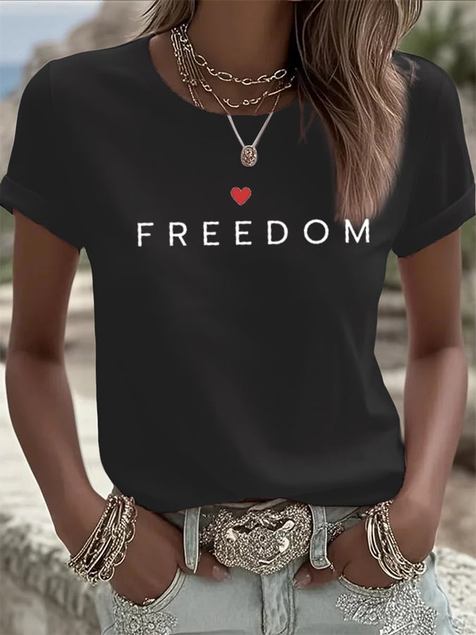 Women's Freedom American Flag Print Casual T-shirt