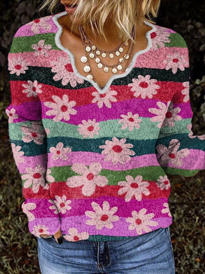 Casual Wave Collar Printed Plush Top