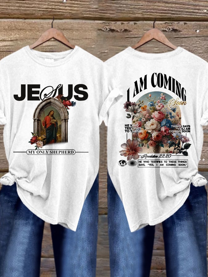 Women's Vintage Oil Painting Flowers Jesus Print Short Sleeve T-Shirt