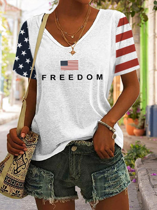 Women's Freedom American Flag Print Casual T-Shirt
