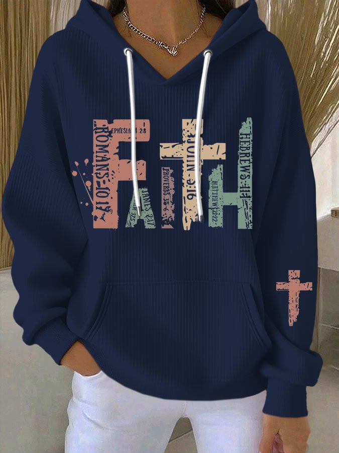 Women's Faith Cross Contrast Print Casual Hooded Sweatshirt