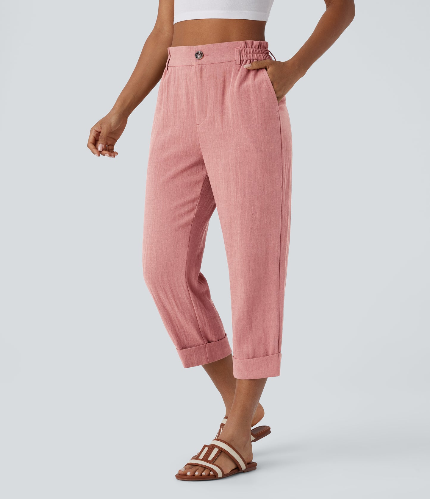 High Waisted Button Zipper Side Pocket Capri Resort Linen-Feel Pants