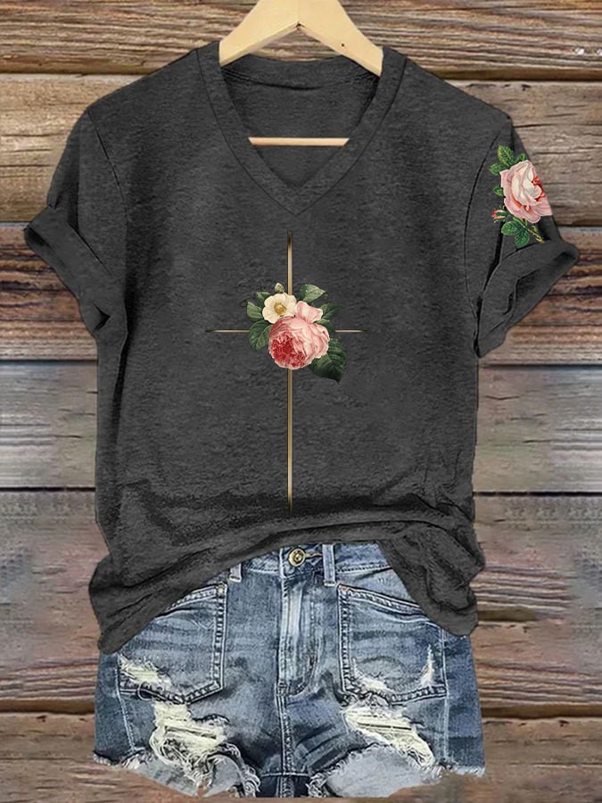 Women's Vintage Floral Metal Cross Print Short Sleeve T-Shirt