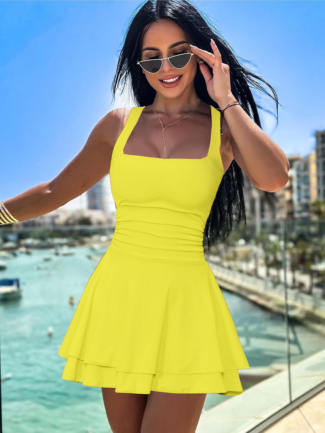 Women's Square Neck Ruffle Hem Mini Dress