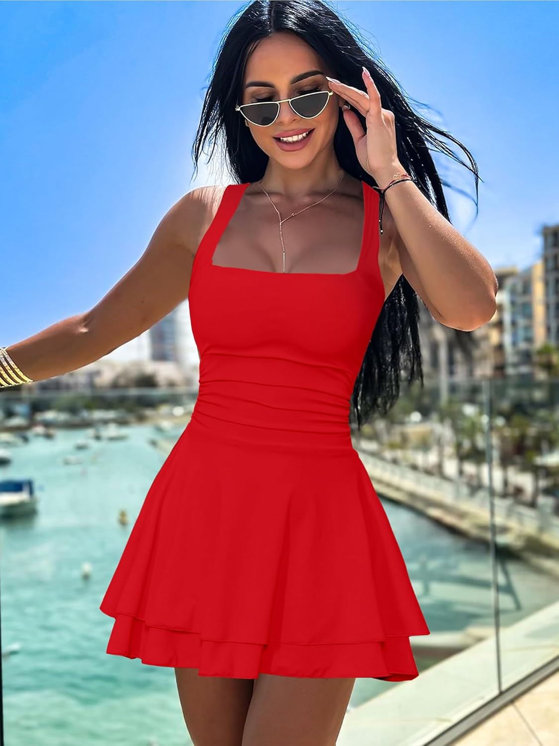 Women's Square Neck Ruffle Hem Mini Dress