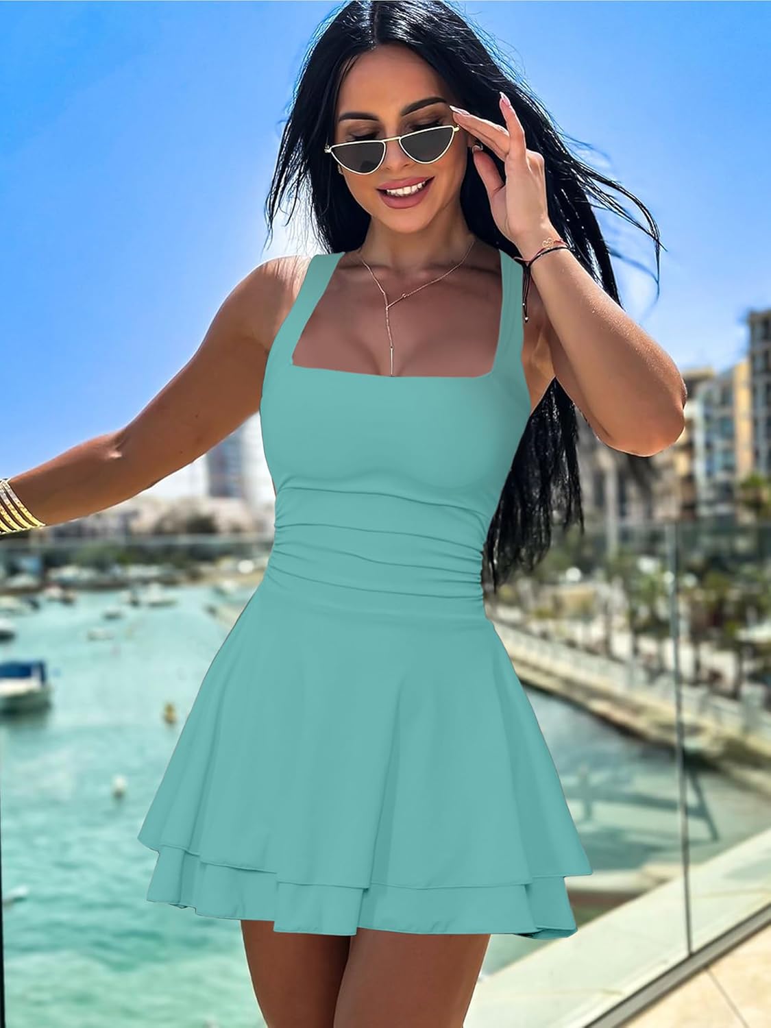 Women's Square Neck Ruffle Hem Mini Dress