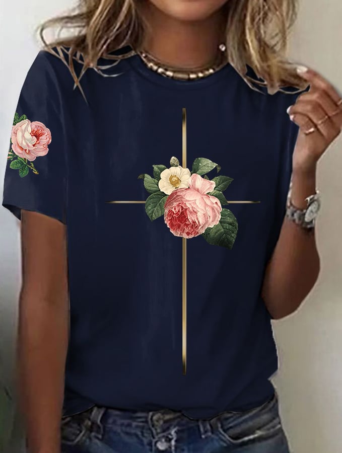 Women's Vintage Floral Metal Cross Print Short Sleeve T-Shirt