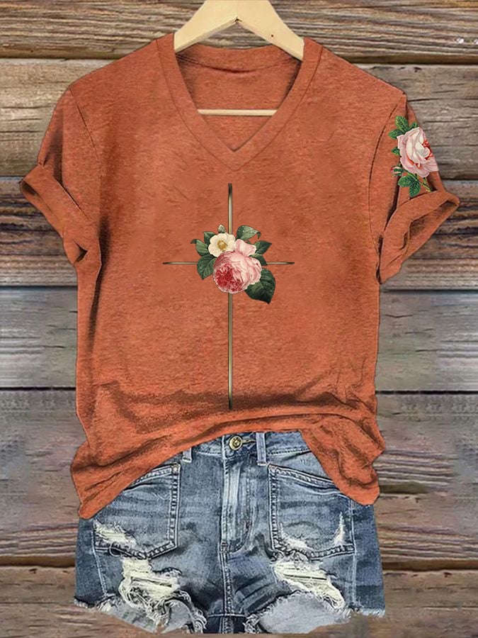 Women's Vintage Floral Metal Cross Print Short Sleeve T-Shirt