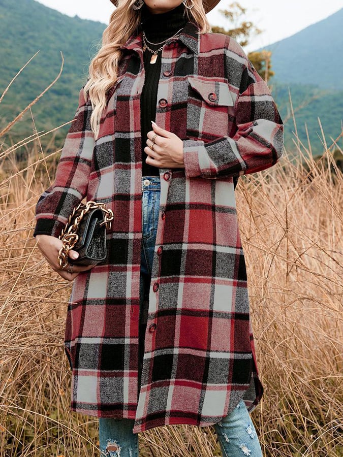 Loose Mid-Length Lapel Plaid Shirt