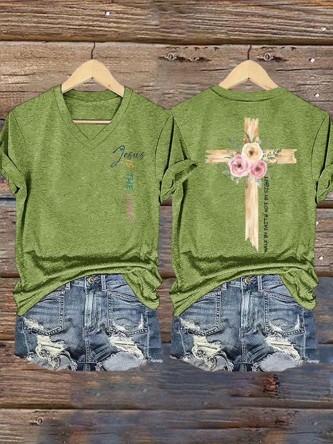 Women's faith cross JESUS IS THE LIGHT printed V-neck T-shirt