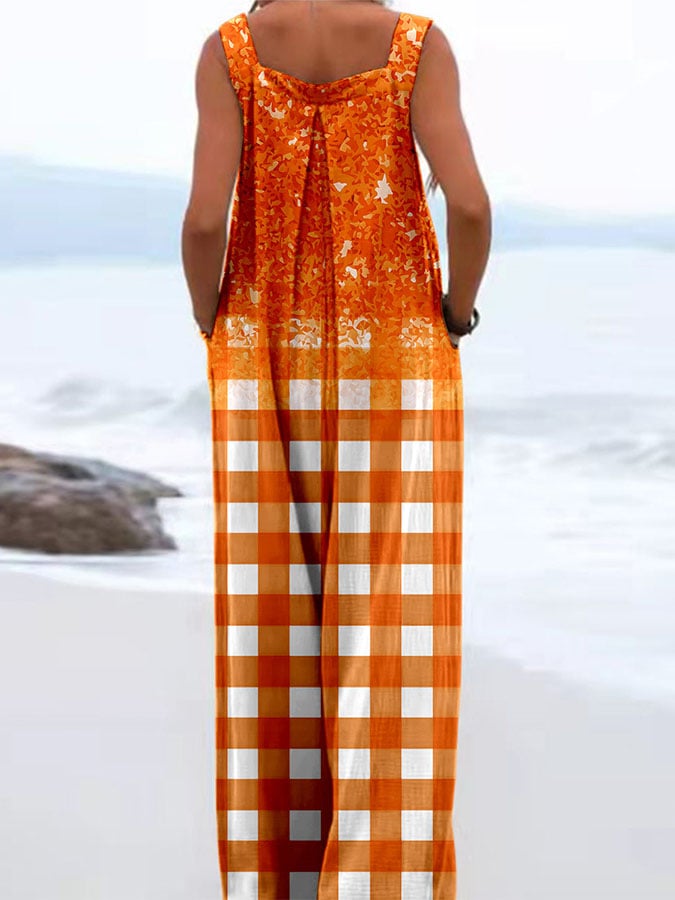 Vintage Paneled Orange Gradient Plaid Print Overalls