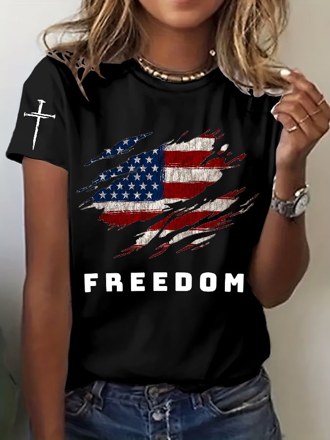 Women's Freedom American Flag Print Casual T-shirt