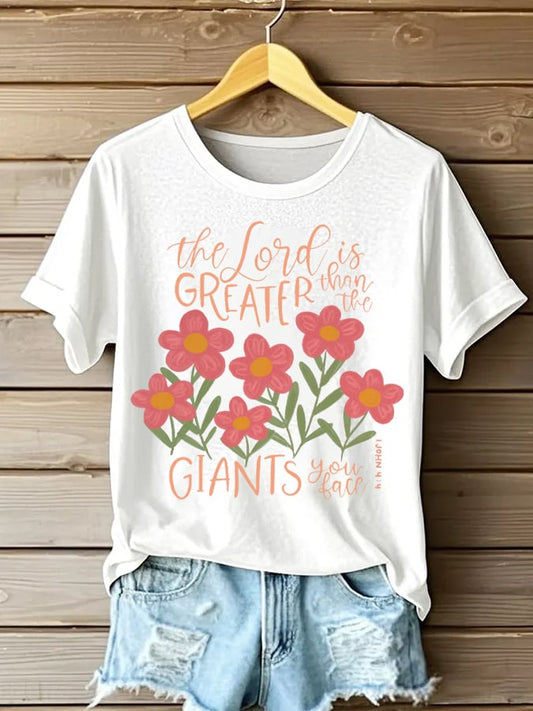 Women's The Lord Is Greater 1 John 4:4 Print Short Sleeve T-Shirt