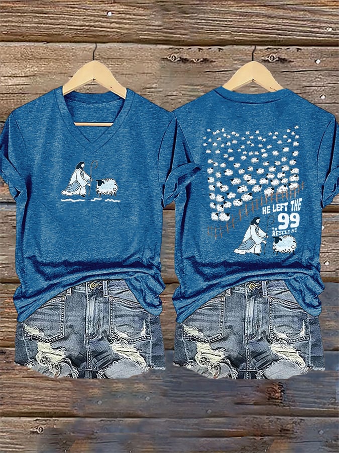 Women's Faith He Left The 99 To Rescue Me printed V-neck T-shirt