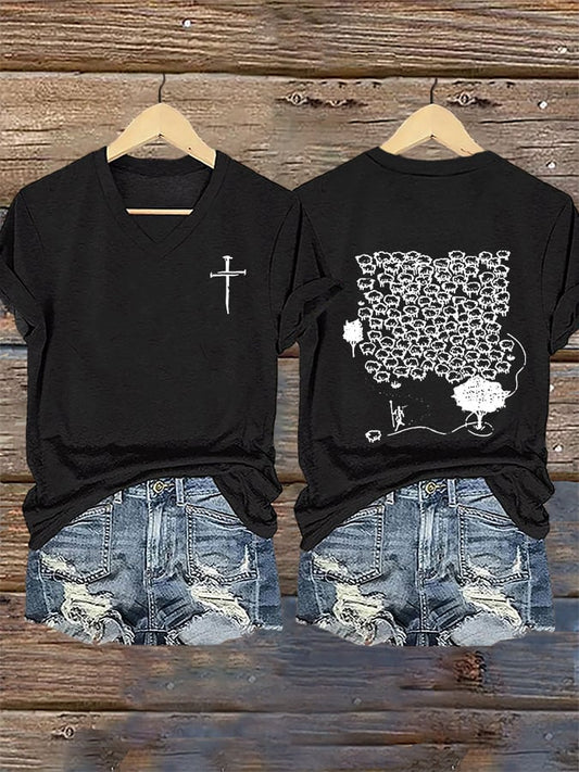 Women's Faith He Left The 99 To Rescue Me printed V-neck T-shirt