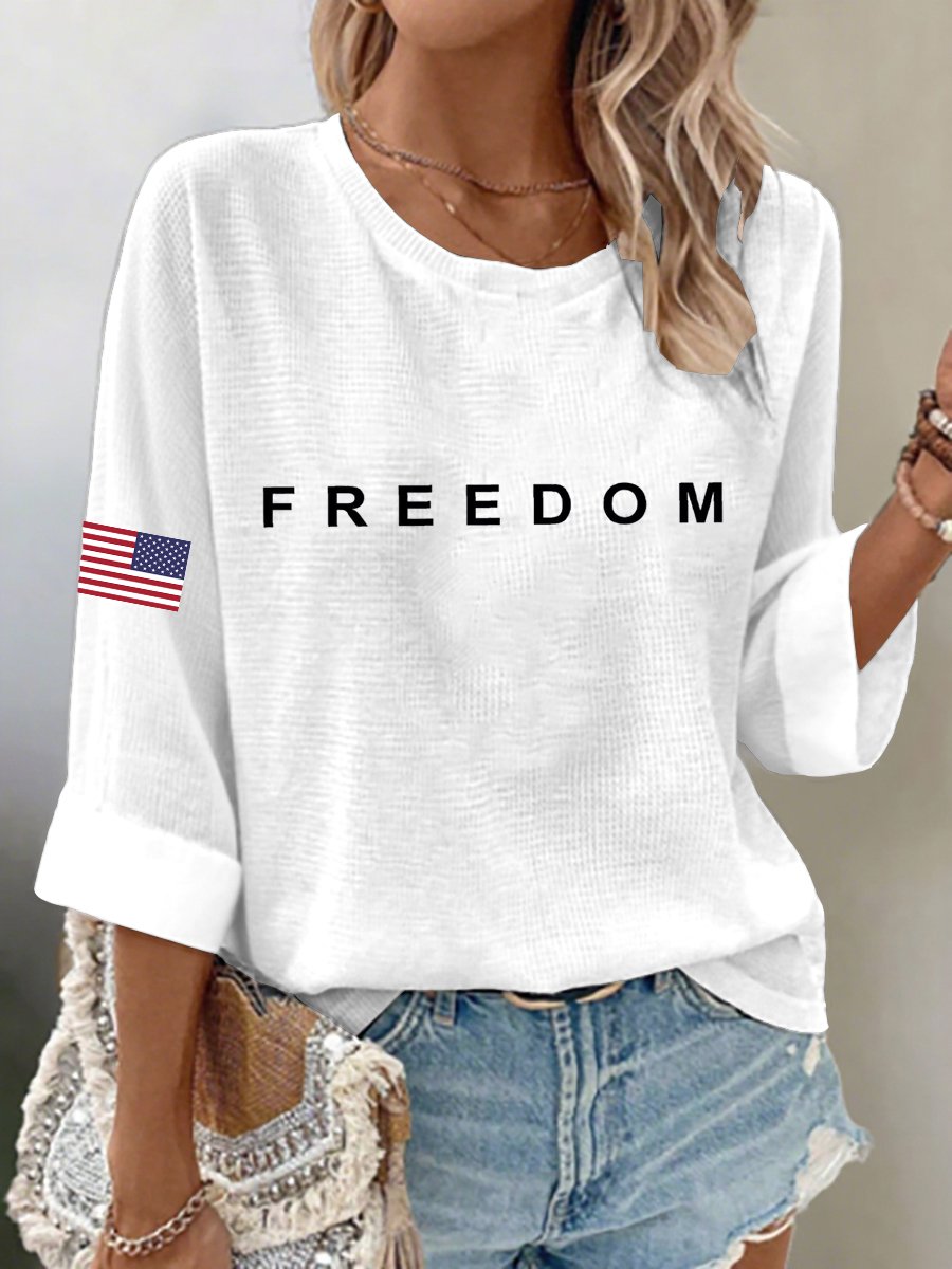 Women's Freedom American Flag Print Waffle Long Sleeve T-Shirt